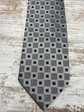 Fabio Fazio Silver Gray Black Geometric Check Woven 100% Silk Wide Tie 58x4